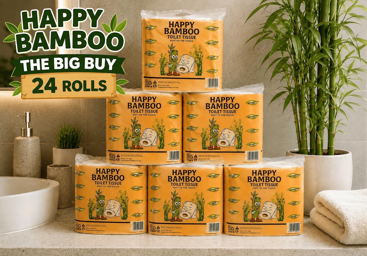 Happy Bamboo Toilet Tissue Mega Rolls (6 packs)